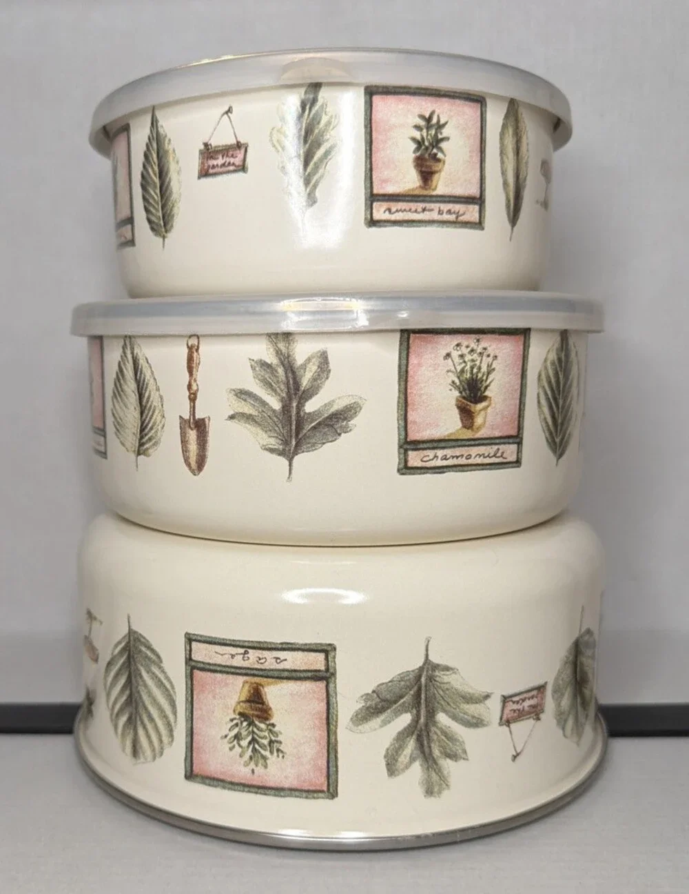 Pfaltzgraff Naturewood Set/3 Enamel Metal Nesting Storage Mixing Bowls 2 w/ Lids